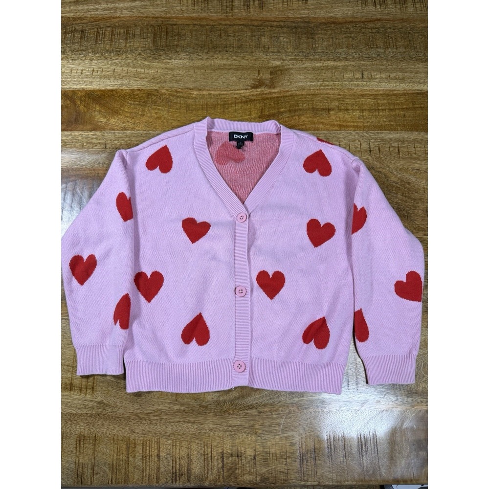 DKNY Girls Pink Heart Cardigan Sweater Size M 10/12 Cotton Button Cute